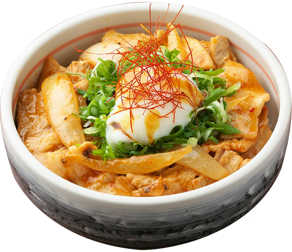 厚切り豚ばら肉と玉ネギのキムチ丼
