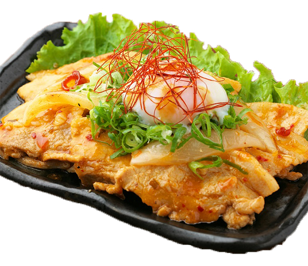 厚切り豚ばら肉と玉ネギのキムチ皿